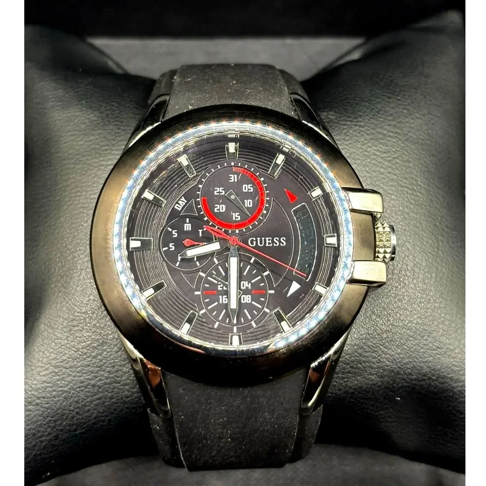 GUESS Waterpro U10575G1 Men’s 45mm Multifunction Black Silicone Watch NWT
